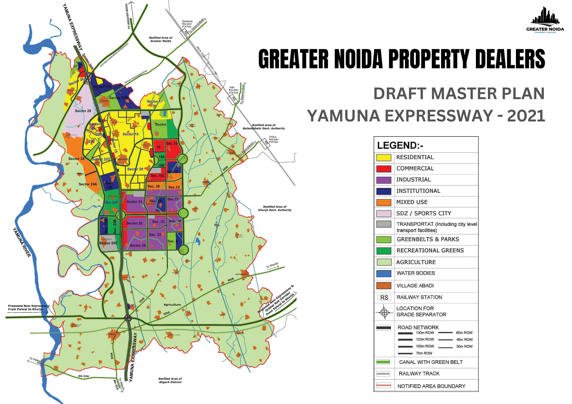 Draft Master Plan Yamuna Expressway - 2021 outlining development areas along the expressway.