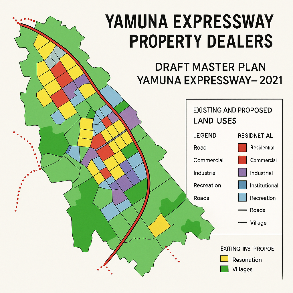 olor-coded draft master plan map of the Yamuna Expressway corridor showing proposed land uses—red for residential, orange for commercial, purple for industrial, blue for institutional, light blue for recreation, green for existing villages—with bold and dotted lines marking major and village roads.