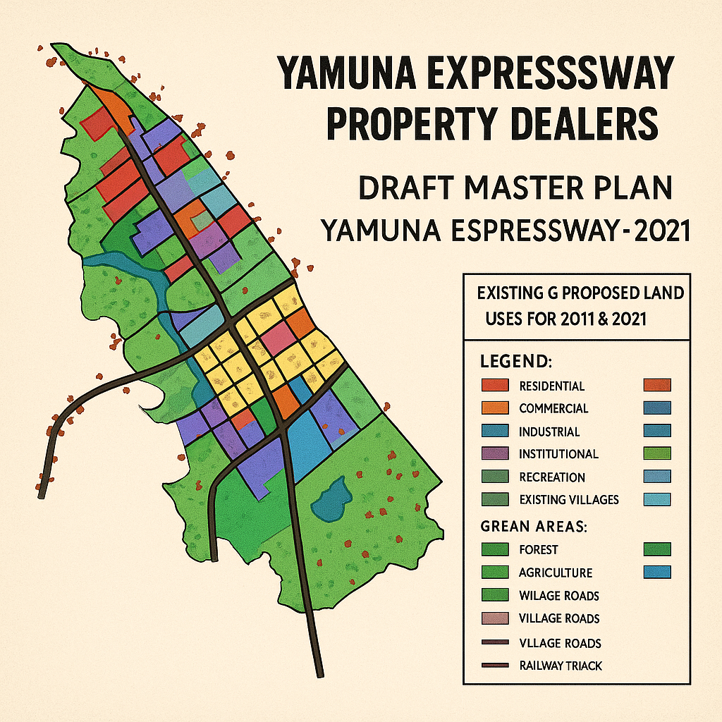 Square master plan map of the Yamuna Expressway corridor with color-coded zones—red residential, orange commercial, blue industrial, purple institutional, light blue recreation, and green existing villages—with a legend detailing land uses and road networks.