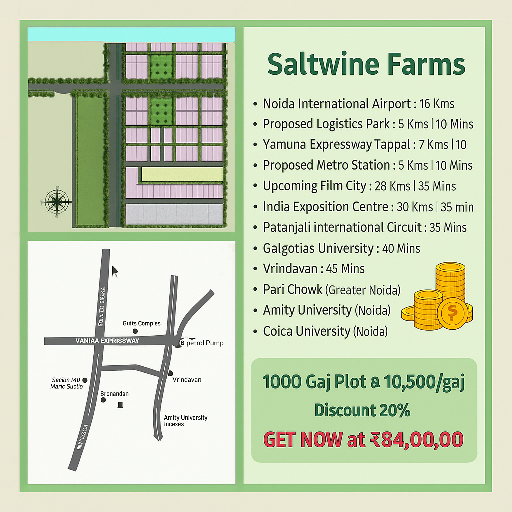 Square image divided into three panels: top-left shows a colored site plan of Saltwine Farms, bottom-left a simple location map highlighting Yamuna Expressway and nearby landmarks, and the right panel lists distances to key places and pricing details.